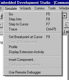 Menu for ARM simulation commands